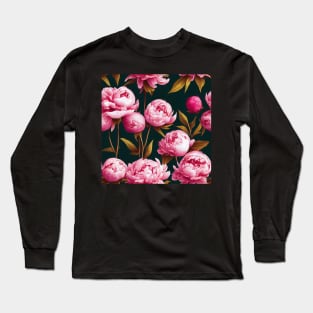 Pretty Pink Peony Flower Pattern on Black Background Long Sleeve T-Shirt